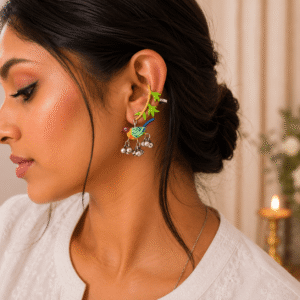 Woman wearing premium hand-painted bird ear cuff earrings with colorful enamel finish, leaf design, and ghungroo detailing.