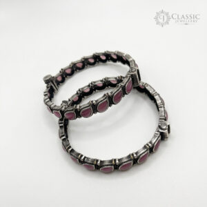 Pair of German silver antique kadas with teardrop babypink stones by Classicjewellery