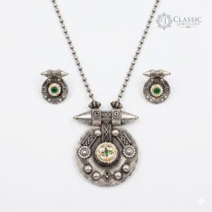 Antique German silver pendant necklace and matching studs with green emerald stones and pearl work by Classicjewellery