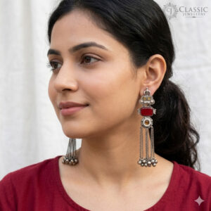 German Silver Long Tassel Earrings with Red Stones