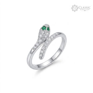 Adjustable silver snake ring with green emerald-colored eyes and crystal accents by Classicjewellery