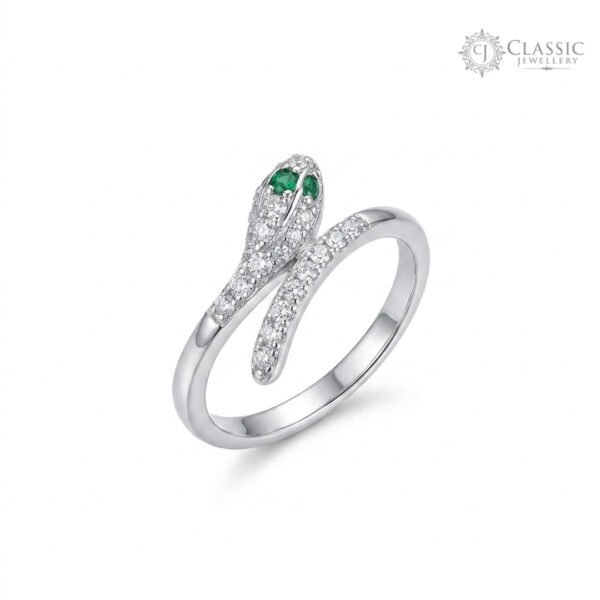 Adjustable silver snake ring with green emerald-colored eyes and crystal accents by Classicjewellery