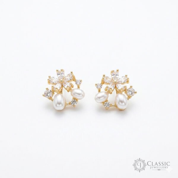 Elegant gold plated floral stud earrings with white pearls and cubic zirconia stones by Classicjewellery