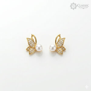 Premium gold-plated butterfly stud earrings with crystal wings and a center pearl by Classicjewellery