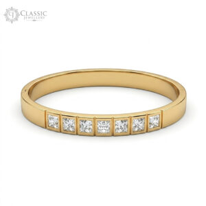 A high-polish, Anti turnish hinged kada bracelet featuring a central line of seven channel-set square-cut (princess-cut) clear crystals on a plain white background. The piece is designed with a sleek, minimalist silhouette and includes a visible hinge and discreet clasp.