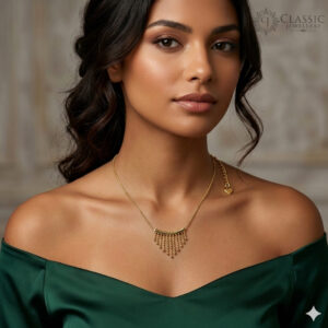 Model wear Dainty gold chain necklace with a curved bar and hanging beaded fringe droplets by Classicjewellery
