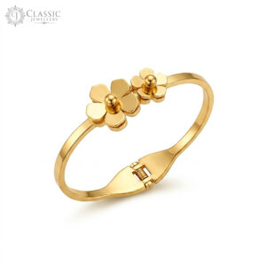Premium gold-plated open-style kada with two polished flower motifs and a secure clasp by Classicjewellery