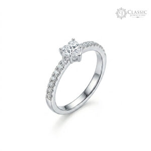 Dainty heart-shaped diamond solitaire silver ring with crystal band by Classicjewellery