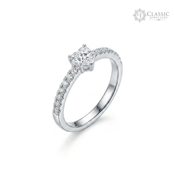 Dainty heart-shaped diamond solitaire silver ring with crystal band by Classicjewellery