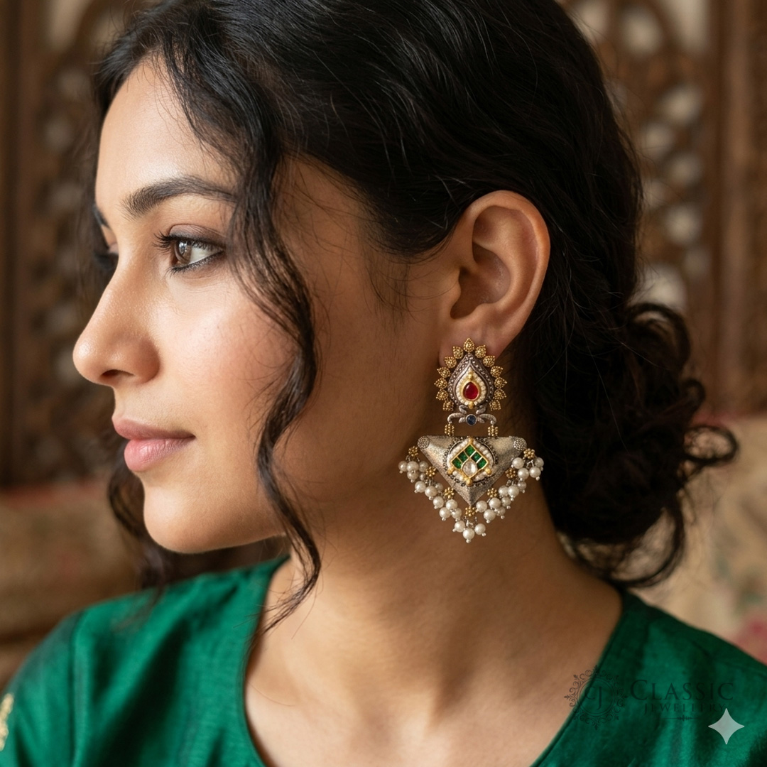 Pair of Kreezo antique dual-tone statement earrings featuring intricate gold filigree, red and green gemstone accents, Kundan work, and white pearl clusters.