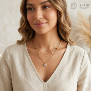Model wear Gold double-layer necklace with rectangle charms and a clear emerald-cut crystal pendant.