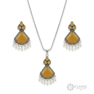 silver necklace and earrings set with Mustard stones and pearl droplets by Classicjewellery