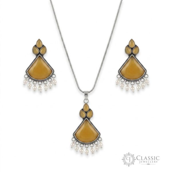 silver necklace and earrings set with Mustard stones and pearl droplets by Classicjewellery