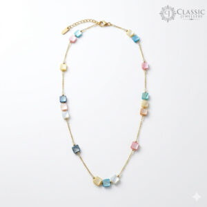 Model wearing multi-color square bead anti-tarnish necklace by Classicjewellery