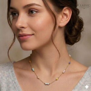Model wear Dainty gold chain necklace featuring cylindrical pastel-colored beads in pink, blue, yellow, and purple by Classicjewellery