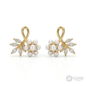 Premium gold-plated stud earrings featuring a central pearl flower cluster and a delicate side spray of marquise-cut cubic zirconia stones.