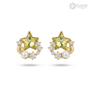 A close-up studio photograph of a pair of gold stud earrings. Each earring features a brilliant-cut, star-shaped lime-green peridot at its center, surrounded by a delicate semi-circular halo.
