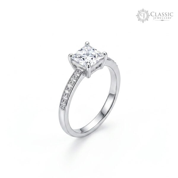 Princess cut cubic zirconia solitaire anti-tarnish silver ring on white background by Classicjewellery
