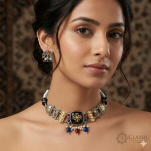 Model wear Royal Rajputana Meenakari Multi Color Choker Set