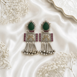 Silver Bird Green Magenta Earrings
