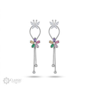 Long silver dangle earrings featuring a crystal butterfly stud, a multi-color rainbow flower, and chain tassels by Classicjewellery