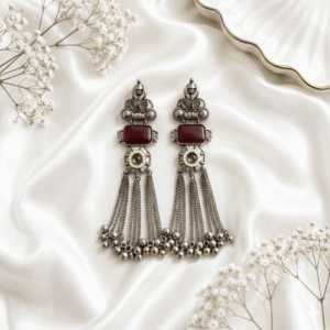 German Silver Long Tassel Earrings with Red Stones