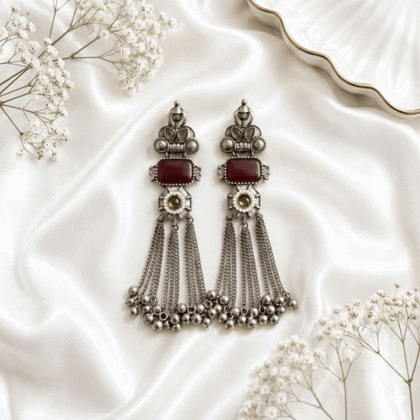 German Silver Long Tassel Earrings with Red Stones