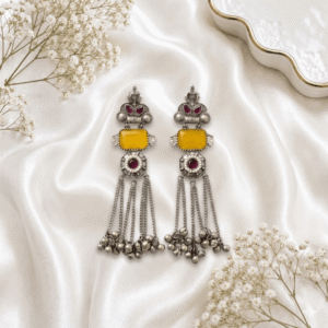 German Silver Long Tassel Earrings with Yellow Stones
