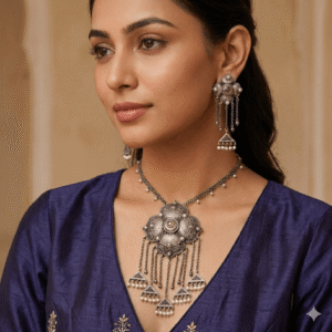 A detailed photo of an intricate German silver tribal-style necklace and matching tassel earrings.