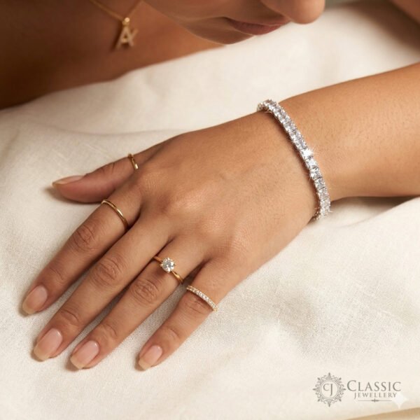 Premium silver tennis bracelet with square-cut sparkling crystals by Classicjewellery