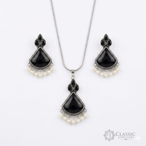 German silver necklace and earrings set with Black stones and pearl droplets by Classicjewellery