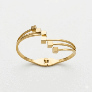 A polished yellow gold hinged kada with a multi-strand split band that open-ends into a stepped staircase pattern of six polished geometric cubes, displayed on a clean white background.