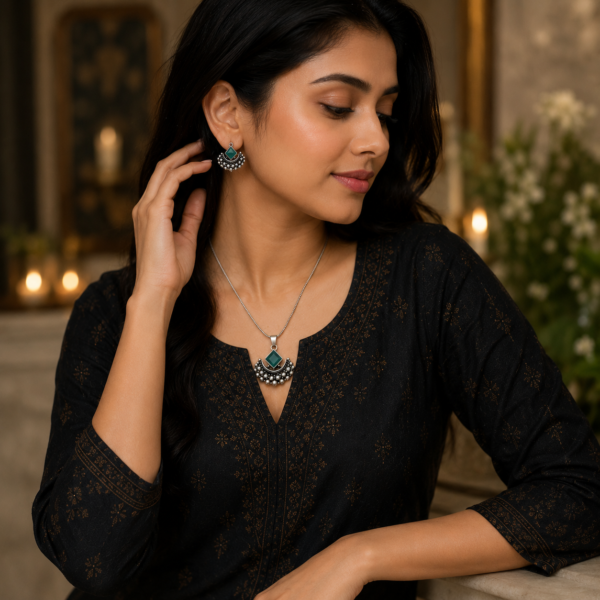 A high-resolution, square close-up of a elegant woman from the collarbone up, showcasing an intricate handcrafted oxidized silver crescent moon pendant with silver beads and a deep square-cut blue stone, suspended on a fine chain. She is also wearing the matching studded crescent moon earrings on her ear.