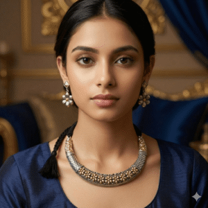 A front-facing portrait of a woman wearing a handcrafted dual-tone silver and gold-plated Oxidized necklace with matching flower-shaped drop earrings.