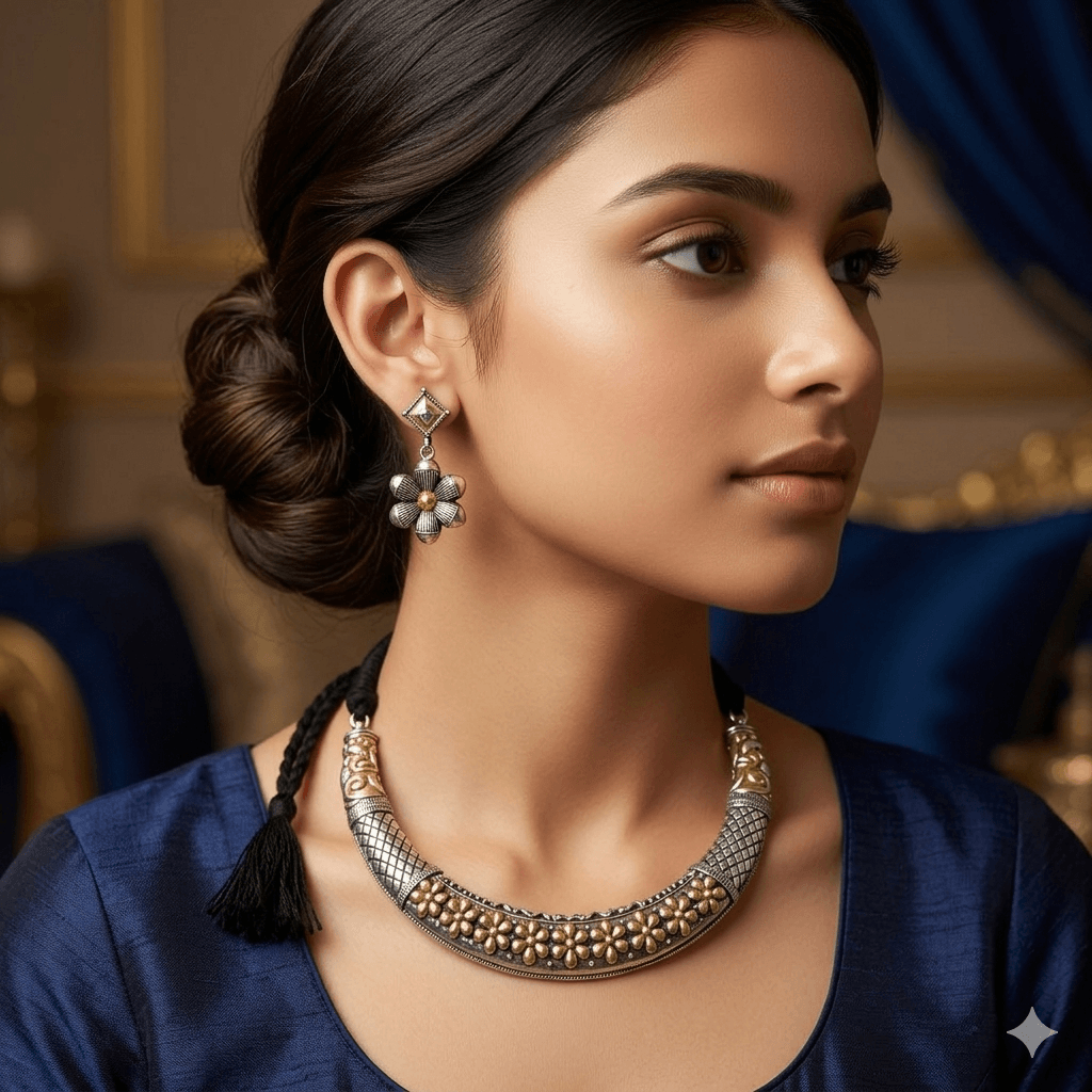 A front-facing portrait of a woman wearing a handcrafted dual-tone silver and gold-plated Oxidized necklace with matching flower-shaped drop earrings.