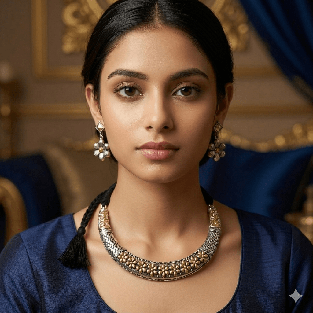 A front-facing portrait of a woman wearing a handcrafted dual-tone silver and gold-plated Oxidized necklace with matching flower-shaped drop earrings.