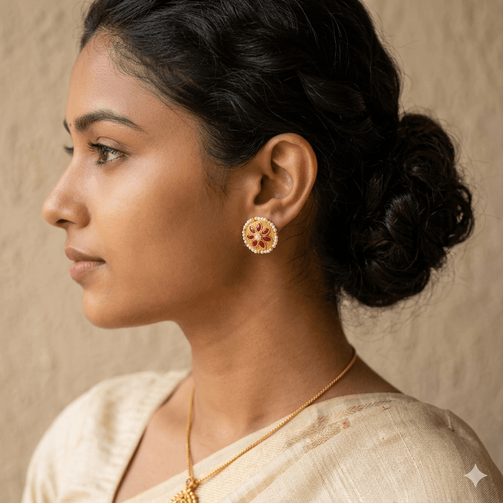 A side profile photo of a woman with a textured braided bun, wearing a round antique-finish gold stud earring featuring a dark brown floral center petal design framed by a delicate border of small white pearls.