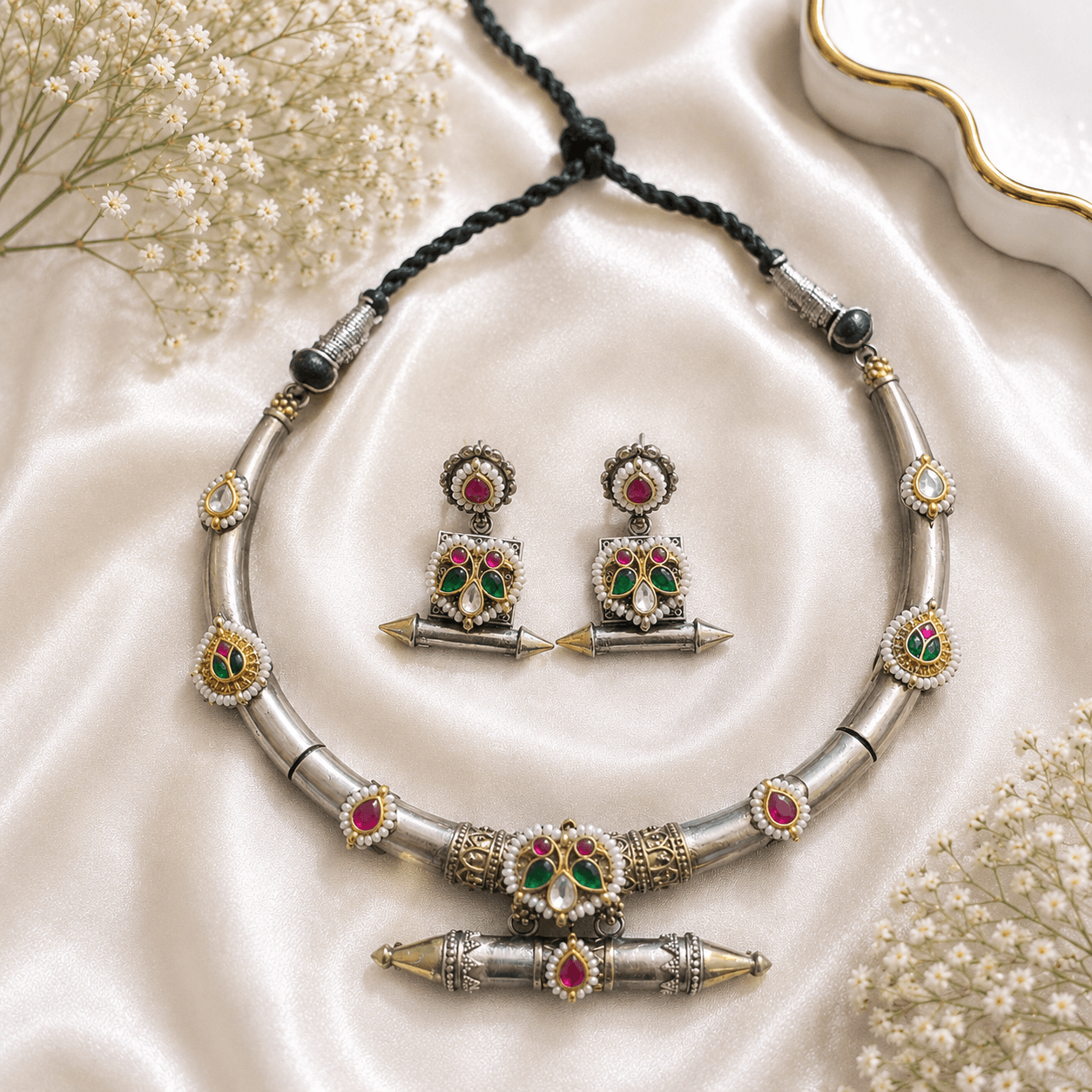 An antique silver-toned Hasli necklace and matching drop earrings set featuring multicolor Kundan, ruby red, and emerald green glass stones with delicate pearl borders, displayed on a cream satin background.
