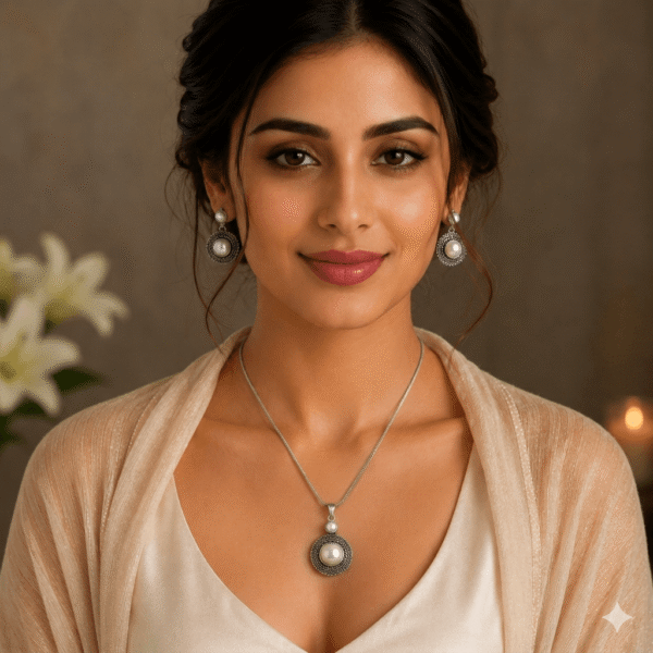 A beautiful woman in a taupe silk dress wearing a matching oxidized silver necklace and earrings set featuring tiered pearl settings and intricate metalwork.