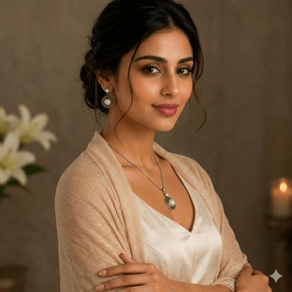 A beautiful woman in a taupe silk dress wearing a matching oxidized silver necklace and earrings set featuring tiered pearl settings and intricate metalwork.