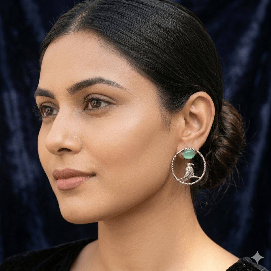 SIlver Bird Hoop Earrings with Green Stone - Image 2