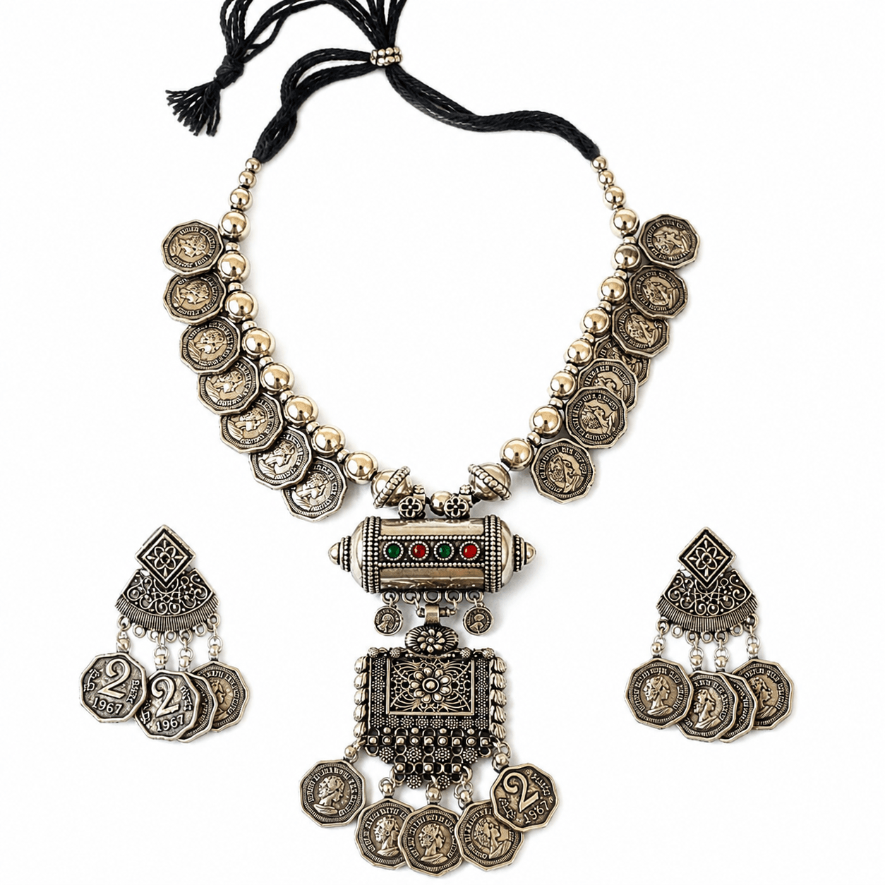 Coin Pendant Oxidized Silver Necklace - Image 2