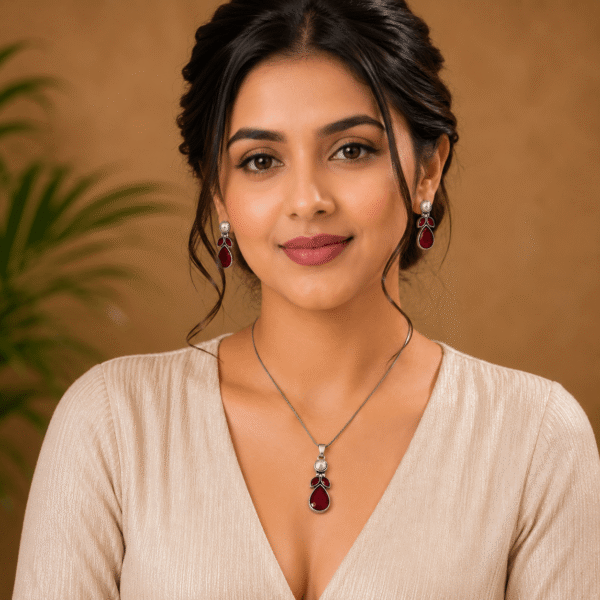 Woman wearing elegant ruby red drop pendant necklace with matching pearl earrings