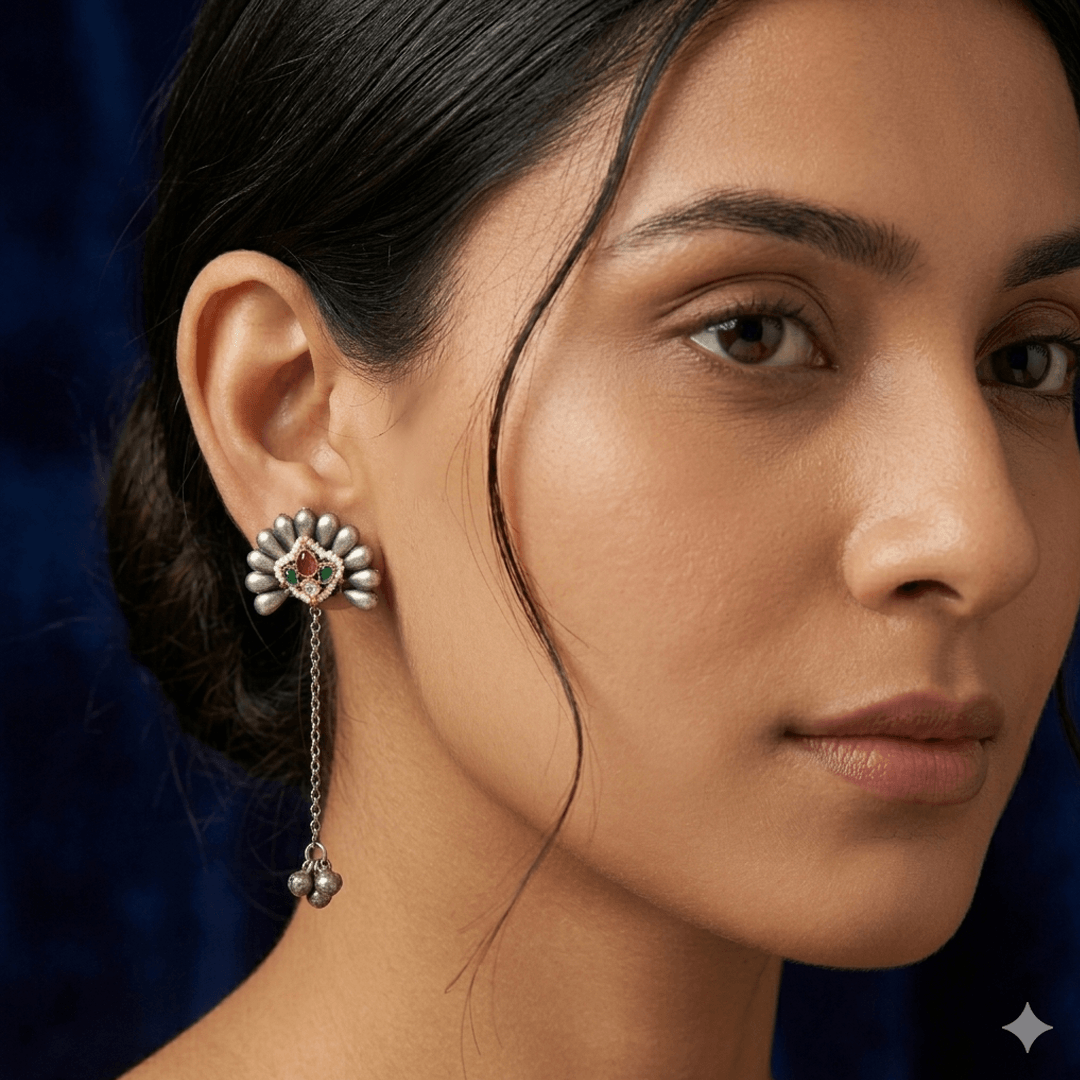 German Silver Long Chain Drop Earrings - Image 2