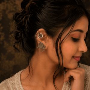 Woman wearing german silver peacock Multi color earcuff with floral upper clip