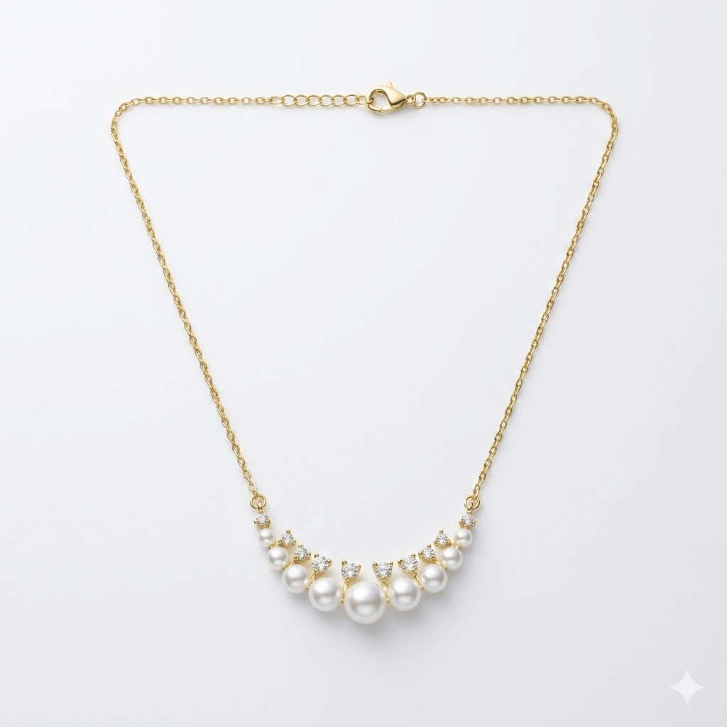 A delicate Anti turnish chain necklace featuring a curved arc of nine graduated white pearls, each topped with a small sparkling crystal cluster, centered on a plain white background.