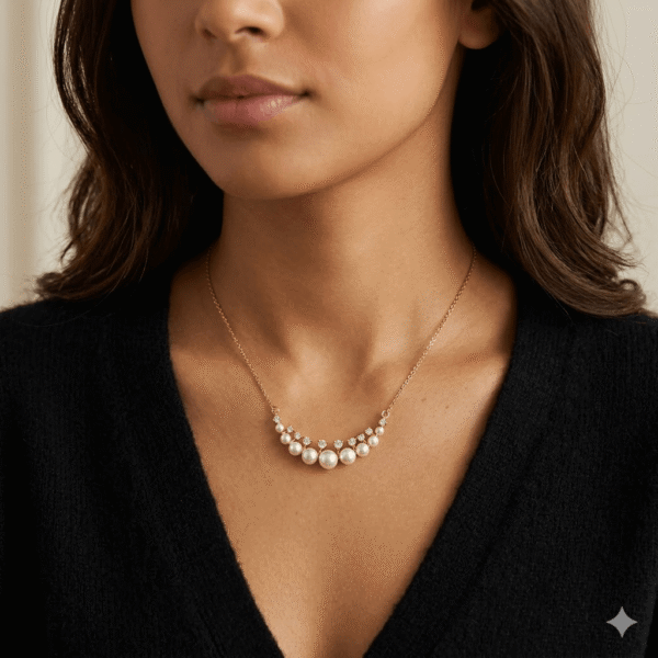 A delicate Anti turnish chain necklace featuring a curved arc of nine graduated white pearls, each topped with a small sparkling crystal cluster.