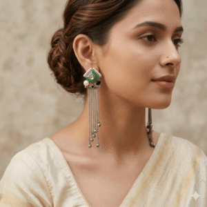 Model wear A pair of antique-finished oxidized silver statement drop earrings featuring a diamond-shaped green stone top with a central kundan teardrop, accented by seed pearls and cascading into long silver chain tassels