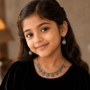 Little girl wearing oxidized silver necklace set with matching round earrings