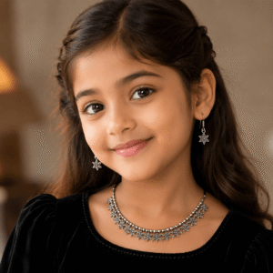Young girl wearing silver floral necklace with matching dangling earrings